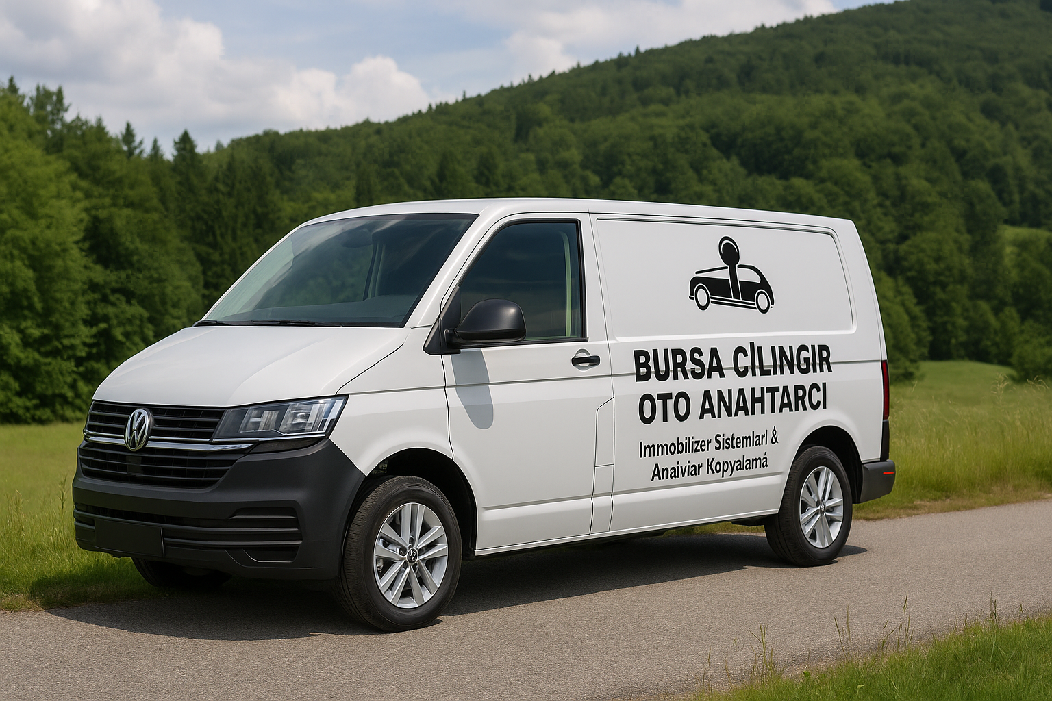 Bursa Çilingir Oto Anahtarcı Mobil Servis Aracı Doğa ile iç içe park etmiş Bursa Çilingir Oto Anahtarcı mobil servis aracı – Volkswagen Transporter üzerinde firma logosu ve 0546 631 16 16 iletişim numarası