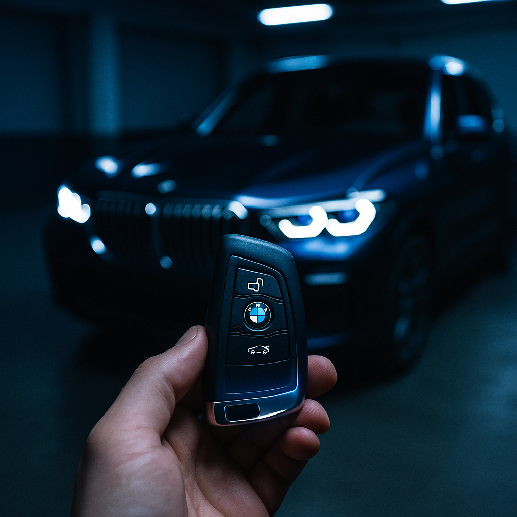 Lüks garajda mavi ışıklar altında BMW anahtarı tutan el – BMW anahtar yapımı Bursa