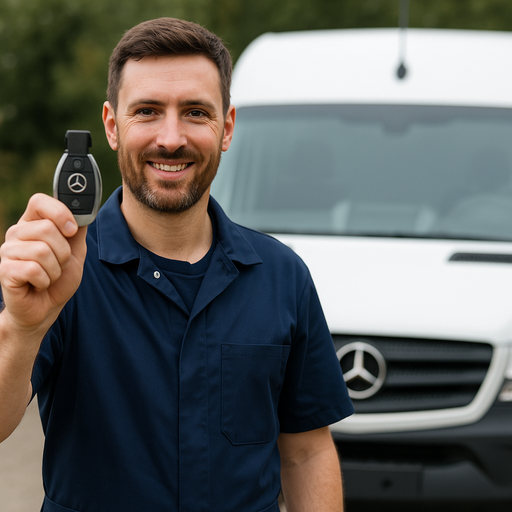 Elinde Mercedes Sprinter anahtarı tutan usta – Bursa Çilingir Oto Anahtarcı mobil servis aracıyla yerinde profesyonel anahtar yapımı